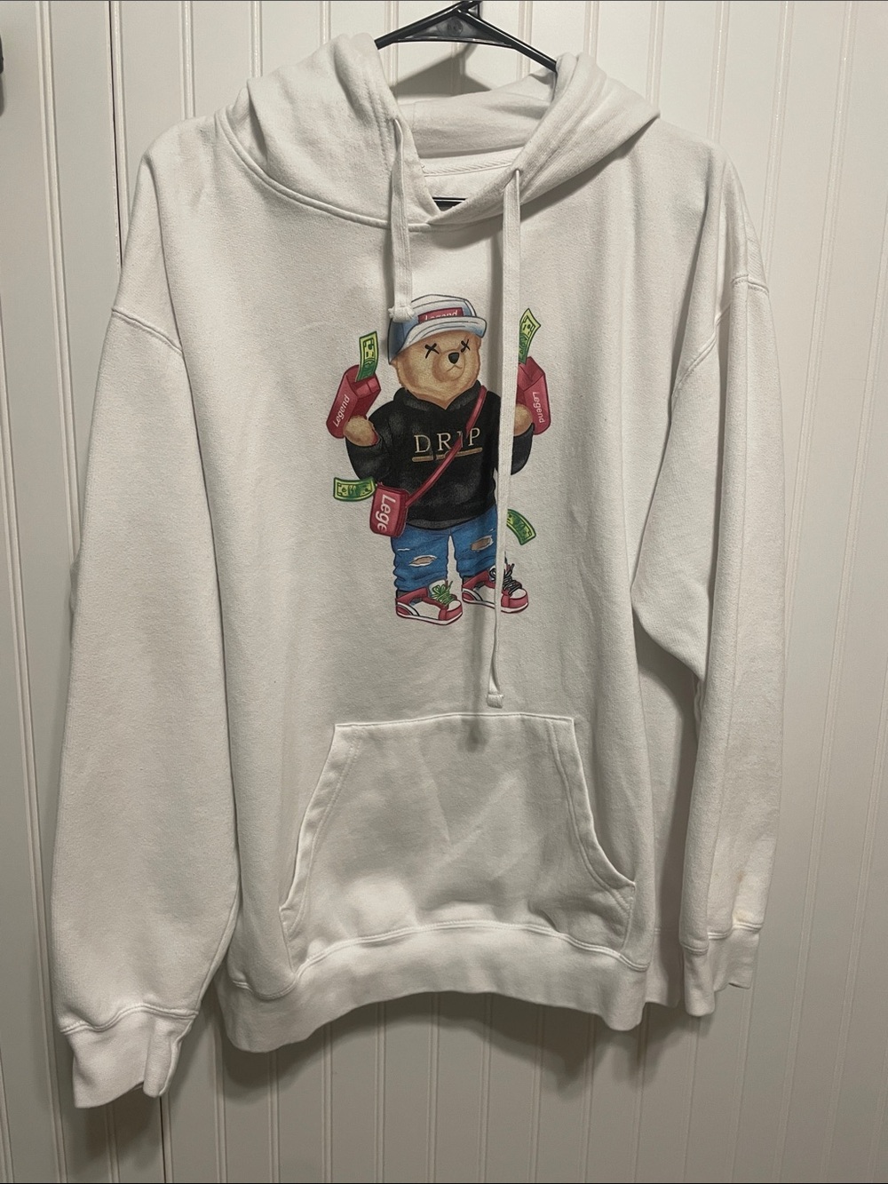 White Graphic Bear Pullover Hoodie with 'DRIP' Print